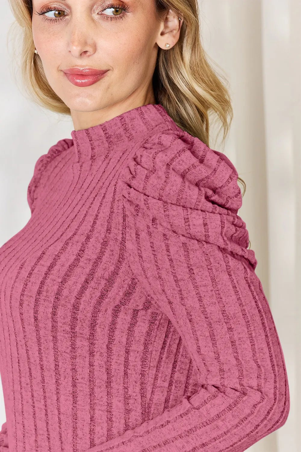 Basic Bae Full Size Ribbed Mock Neck Puff Sleeve T-Shirt - The Coin Has A Say