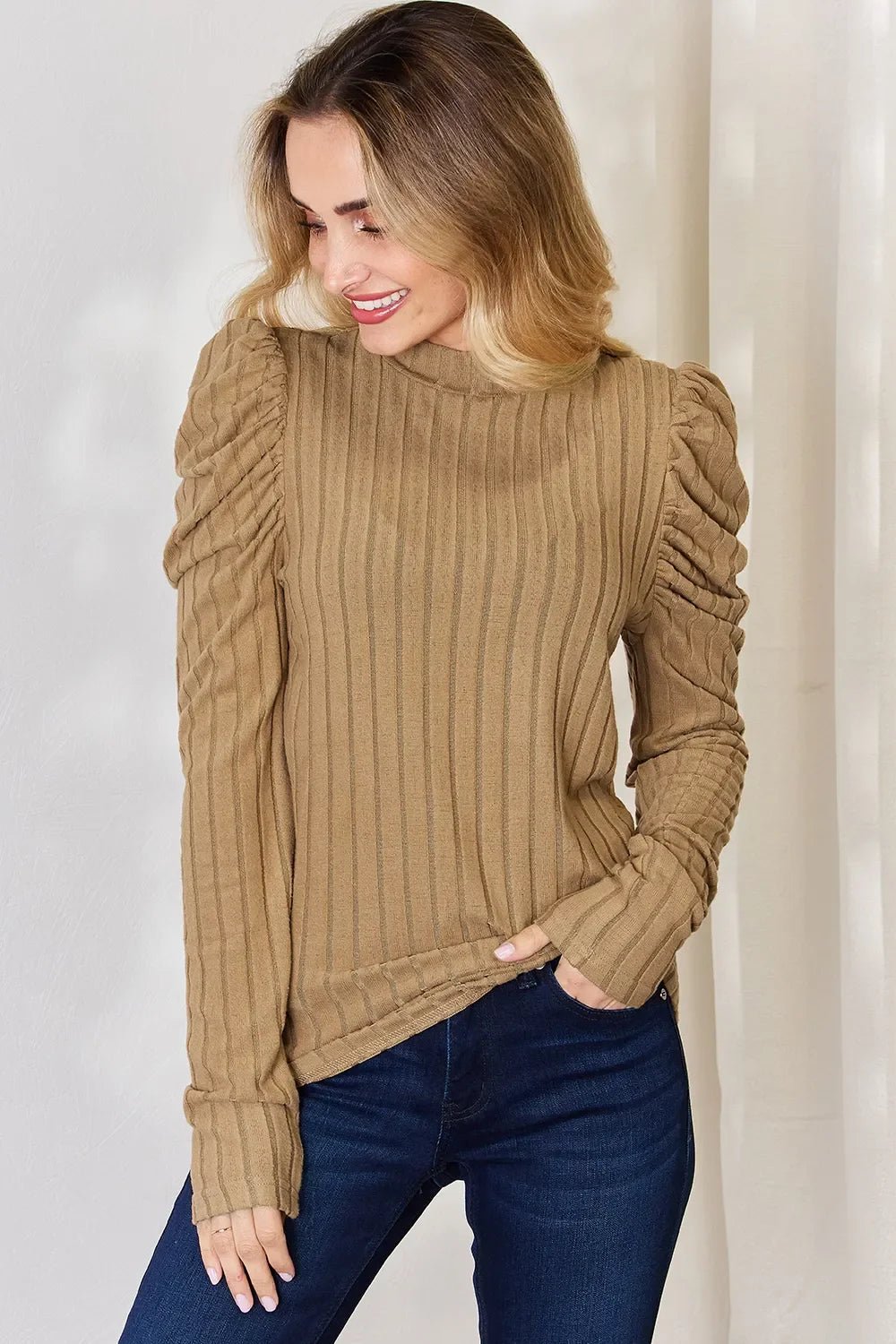 Basic Bae Full Size Ribbed Mock Neck Puff Sleeve T-Shirt - The Coin Has A Say