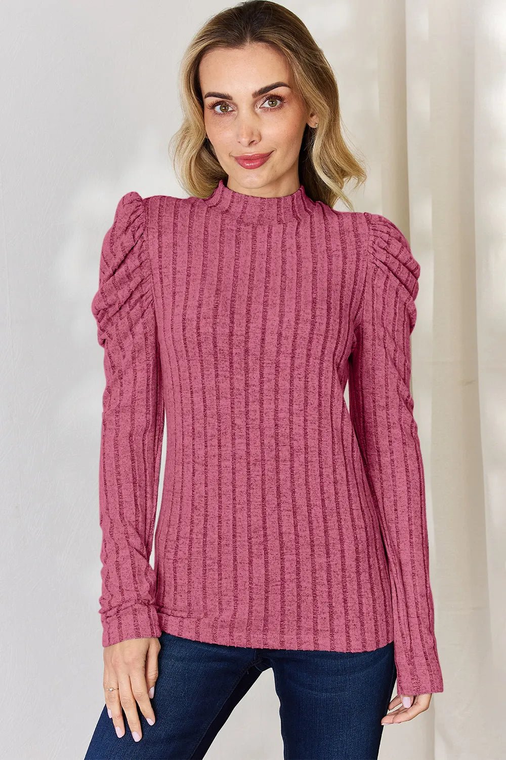 Basic Bae Full Size Ribbed Mock Neck Puff Sleeve T-Shirt - The Coin Has A Say