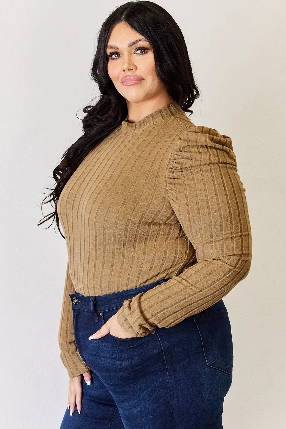 Basic Bae Full Size Ribbed Mock Neck Puff Sleeve T-Shirt - The Coin Has A Say