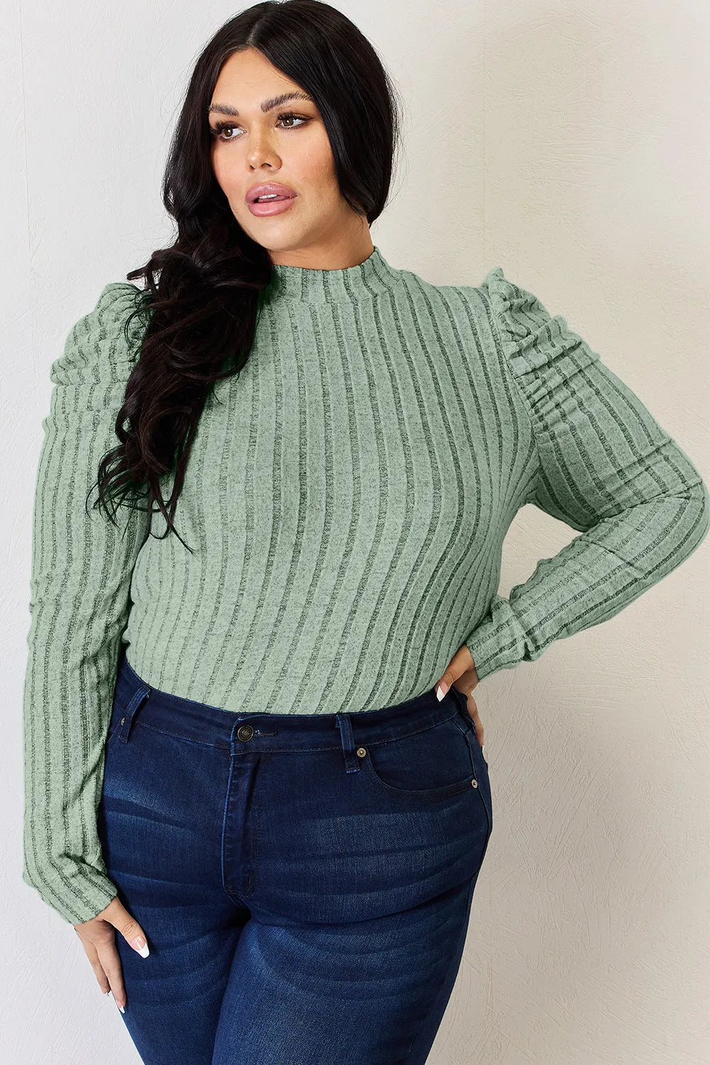 Basic Bae Full Size Ribbed Mock Neck Puff Sleeve T-Shirt - The Coin Has A Say