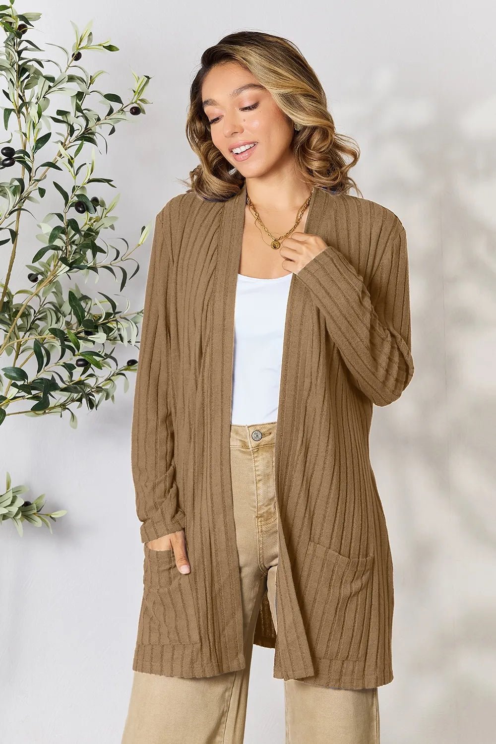 Basic Bae Full Size Ribbed Open Front Cardigan with Pockets - The Coin Has A Say