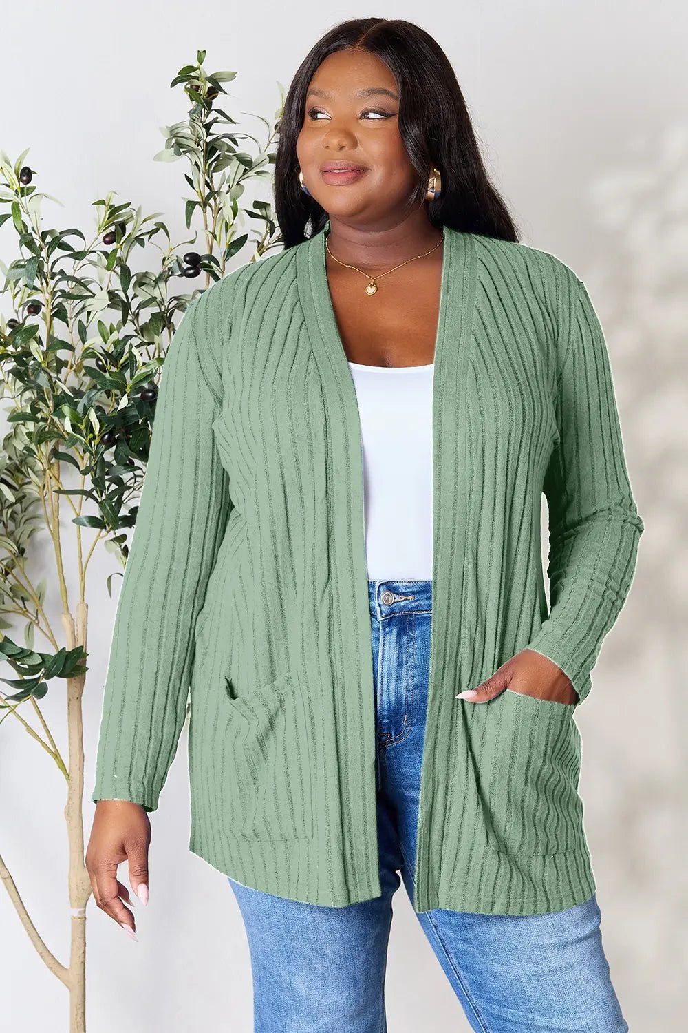 Basic Bae Full Size Ribbed Open Front Cardigan with Pockets - The Coin Has A Say