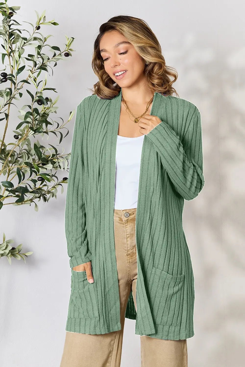 Basic Bae Full Size Ribbed Open Front Cardigan with Pockets - The Coin Has A Say