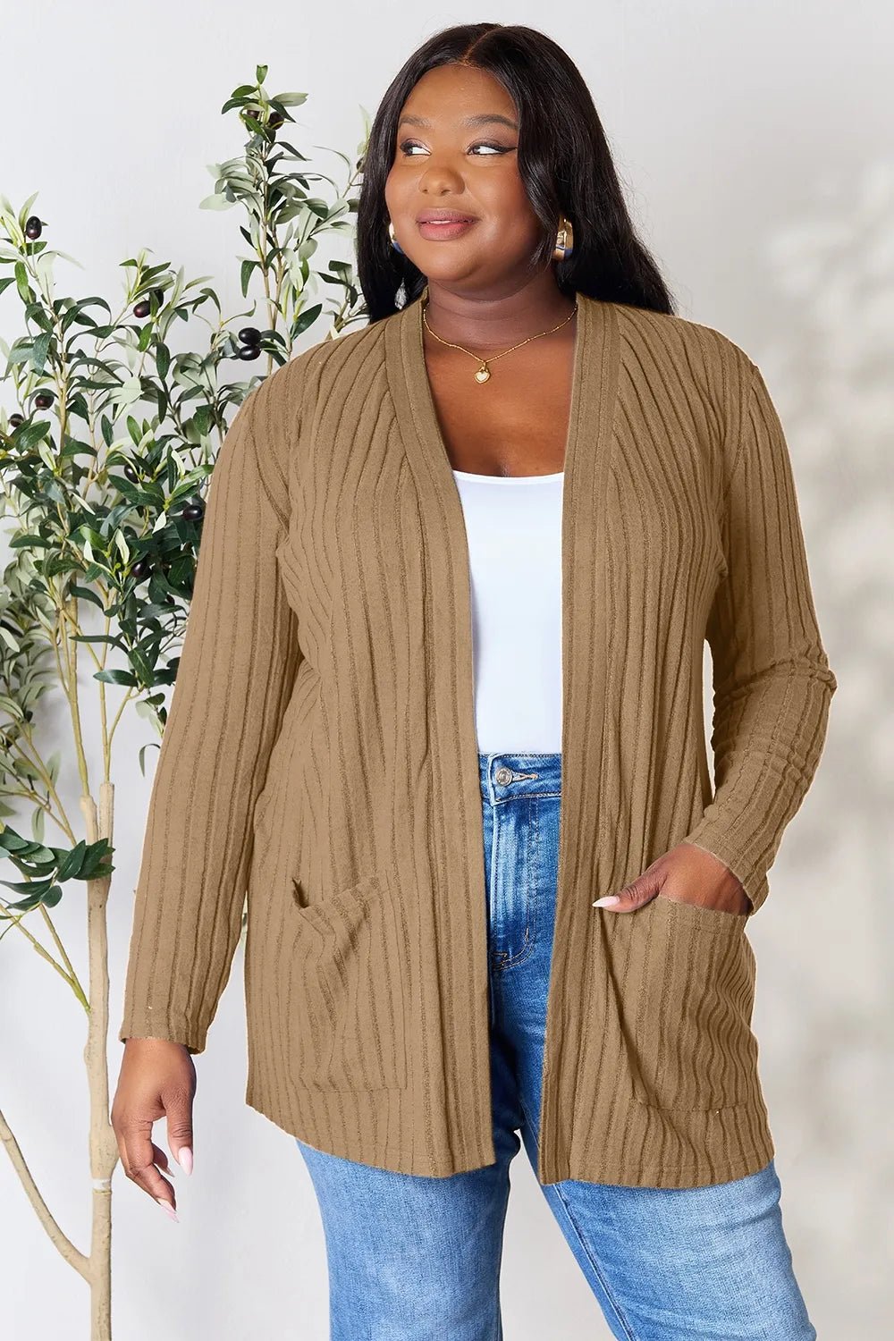 Basic Bae Full Size Ribbed Open Front Cardigan with Pockets - The Coin Has A Say