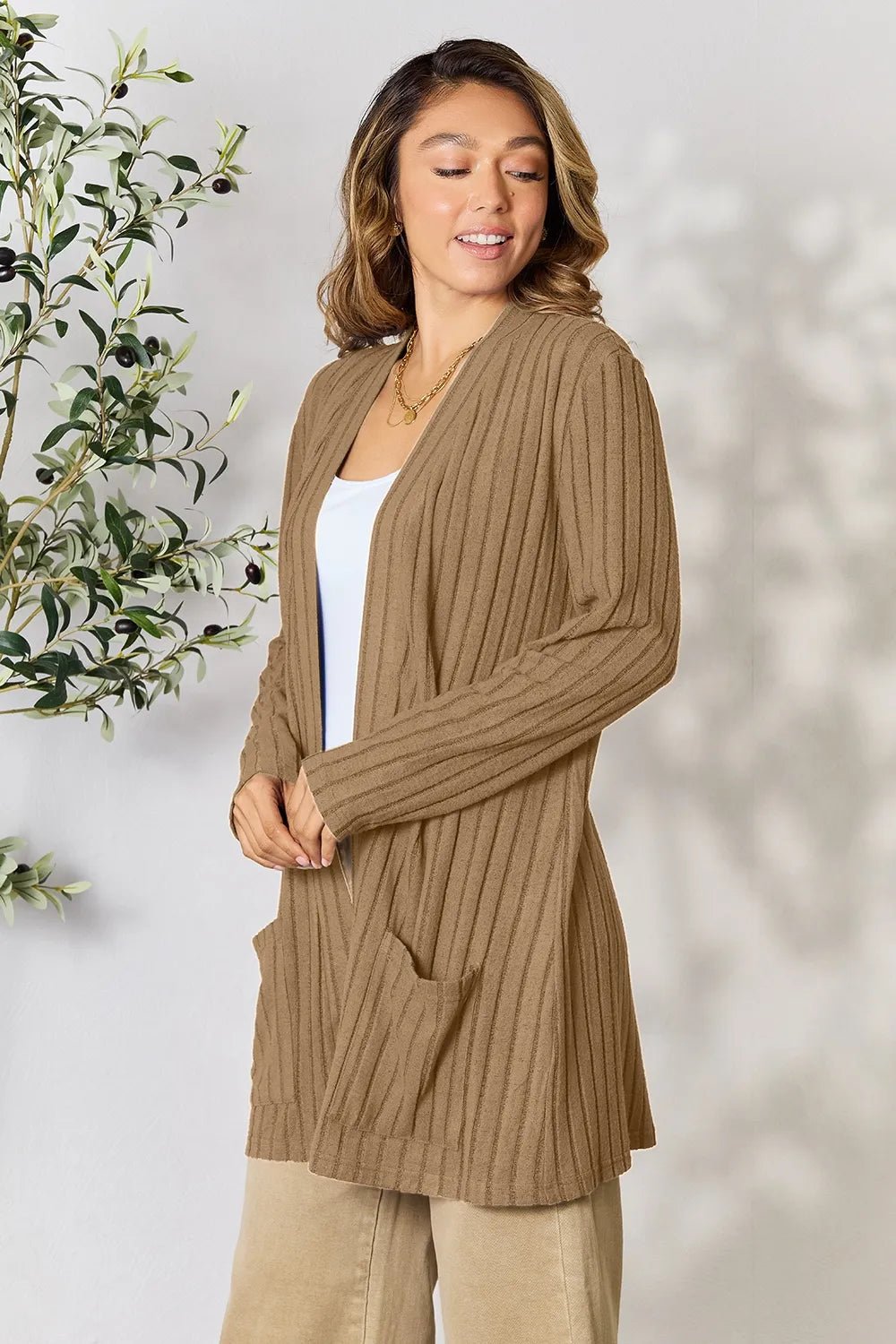 Basic Bae Full Size Ribbed Open Front Cardigan with Pockets - The Coin Has A Say