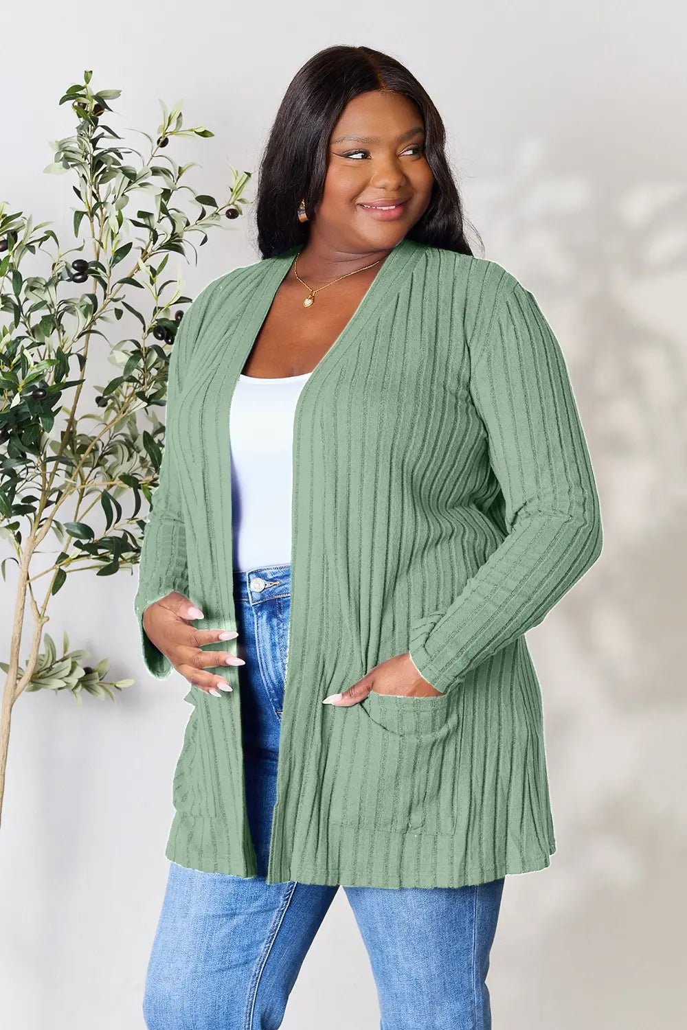 Basic Bae Full Size Ribbed Open Front Cardigan with Pockets - The Coin Has A Say