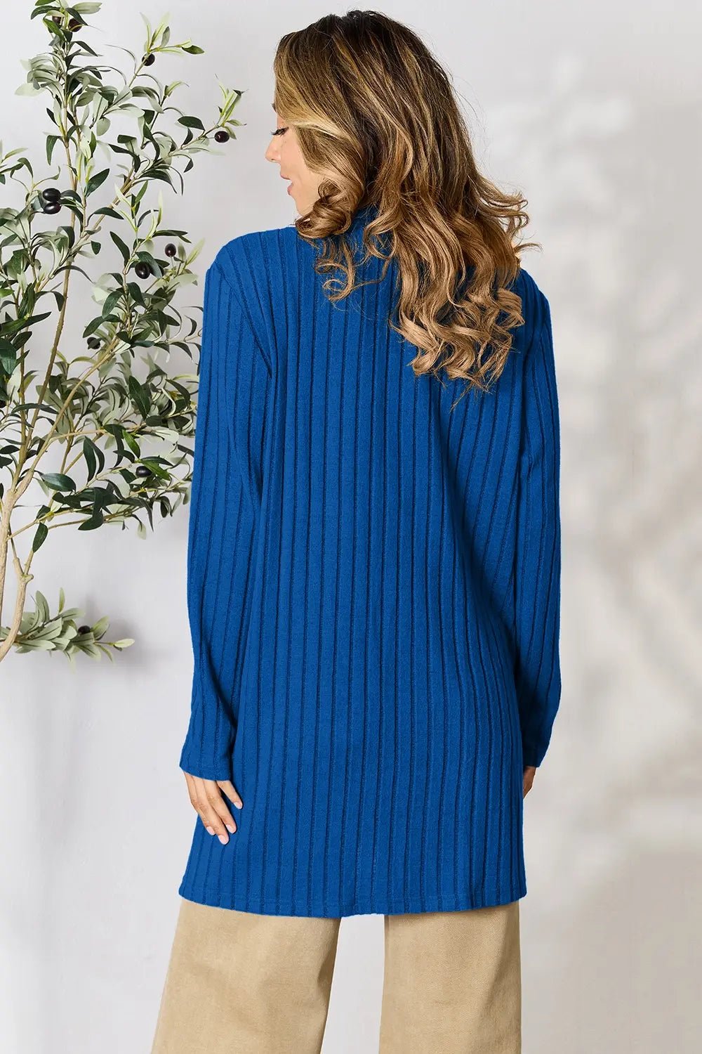 Basic Bae Full Size Ribbed Open Front Cardigan with Pockets - The Coin Has A Say