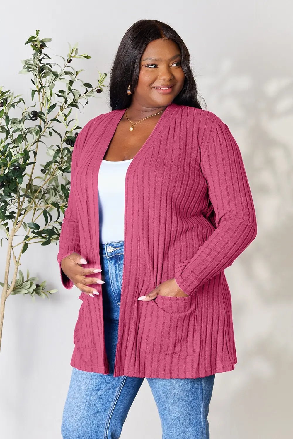 Basic Bae Full Size Ribbed Open Front Cardigan with Pockets - The Coin Has A Say