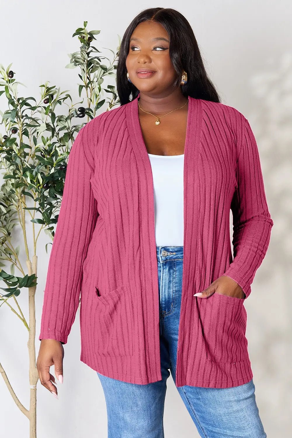 Basic Bae Full Size Ribbed Open Front Cardigan with Pockets - The Coin Has A Say