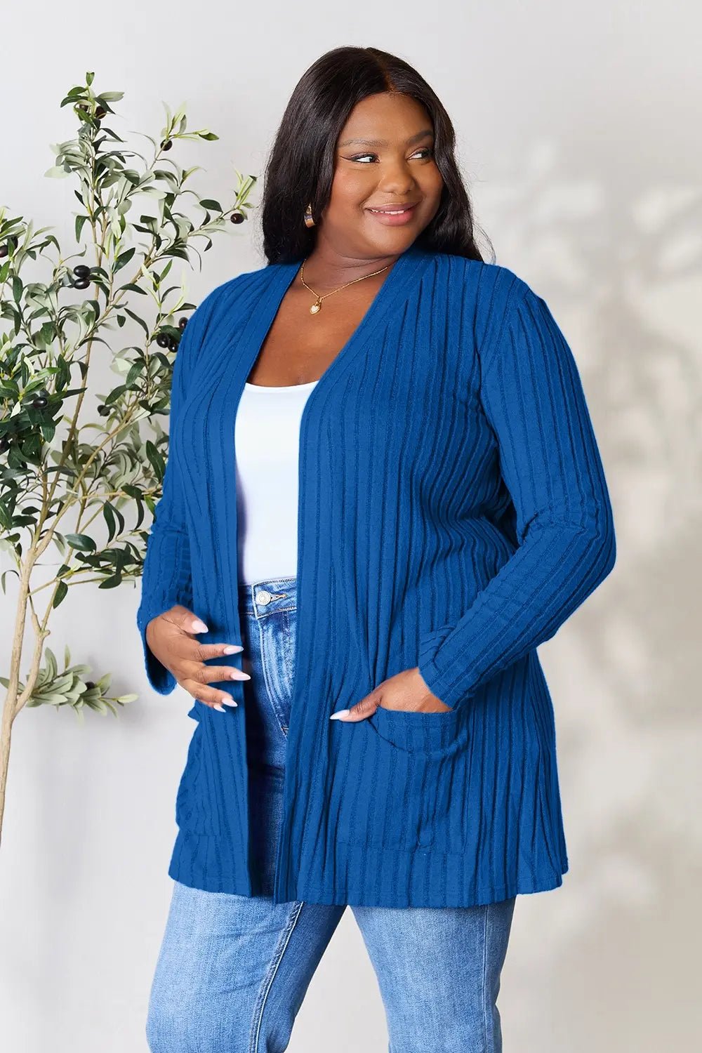 Basic Bae Full Size Ribbed Open Front Cardigan with Pockets - The Coin Has A Say