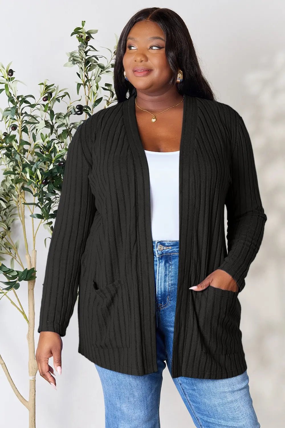 Basic Bae Full Size Ribbed Open Front Cardigan with Pockets - The Coin Has A Say
