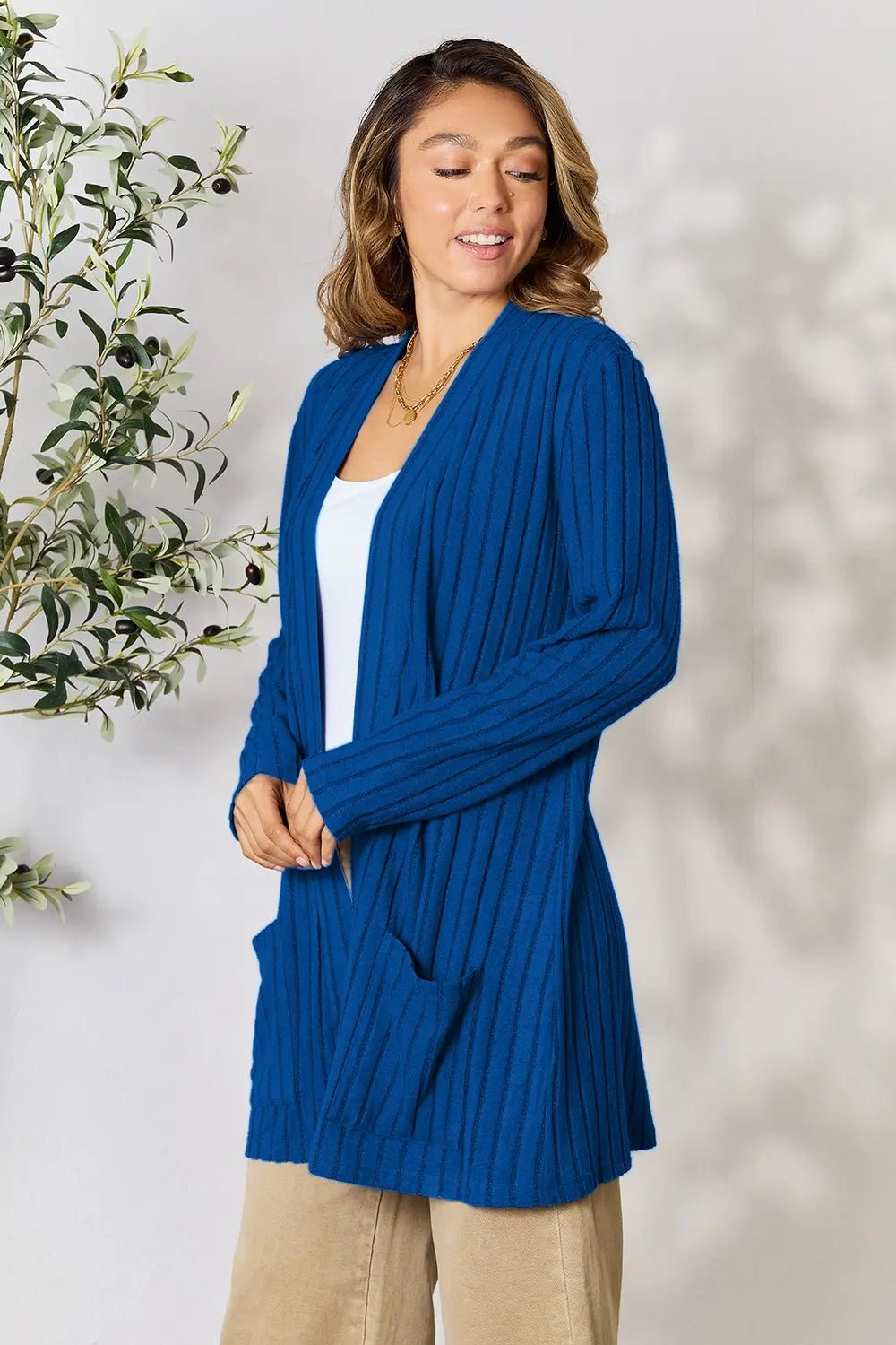 Basic Bae Full Size Ribbed Open Front Cardigan with Pockets - The Coin Has A Say