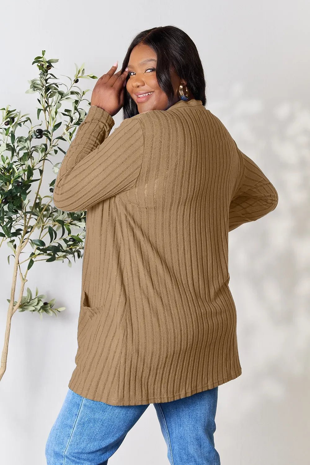 Basic Bae Full Size Ribbed Open Front Cardigan with Pockets - The Coin Has A Say