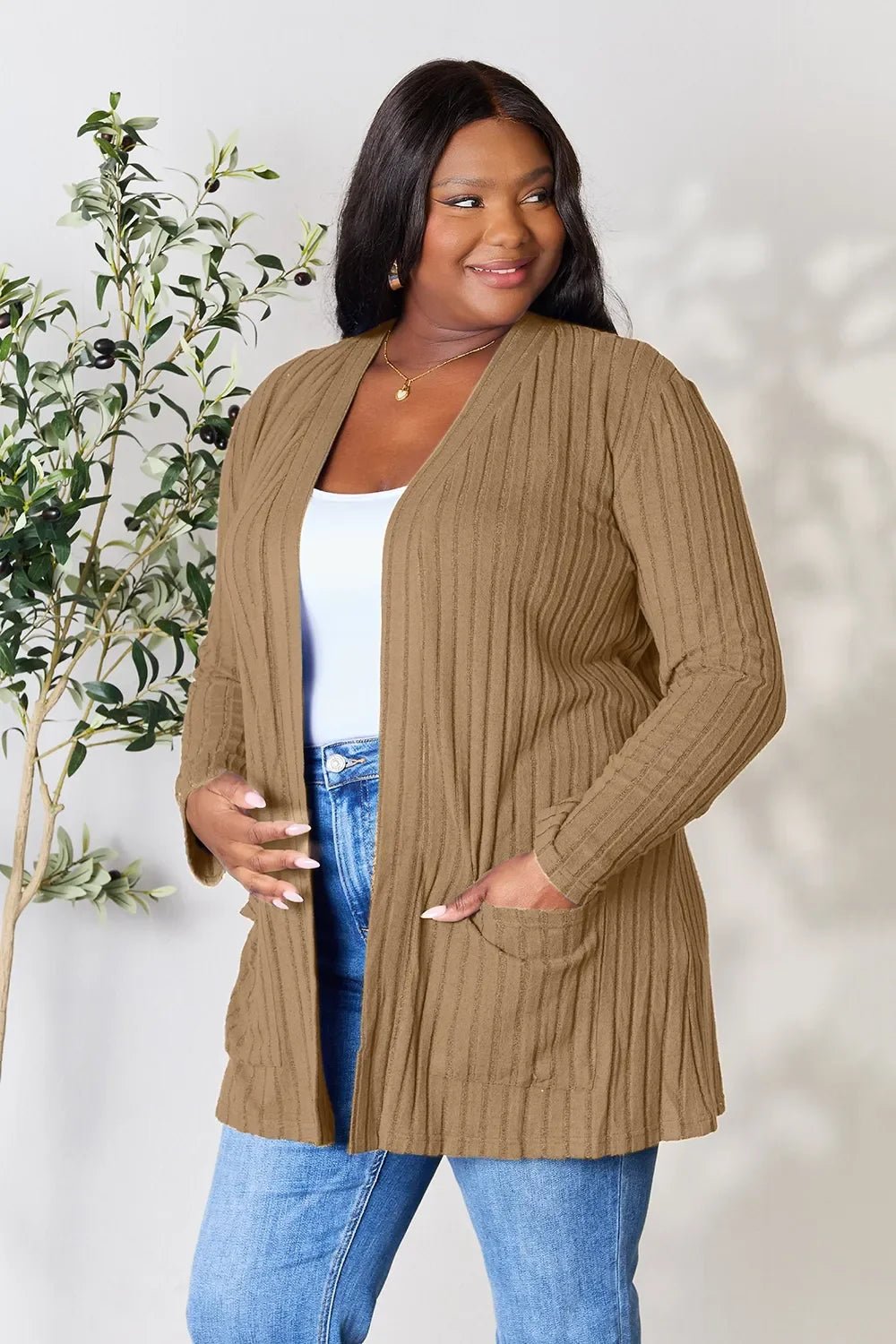 Basic Bae Full Size Ribbed Open Front Cardigan with Pockets - The Coin Has A Say