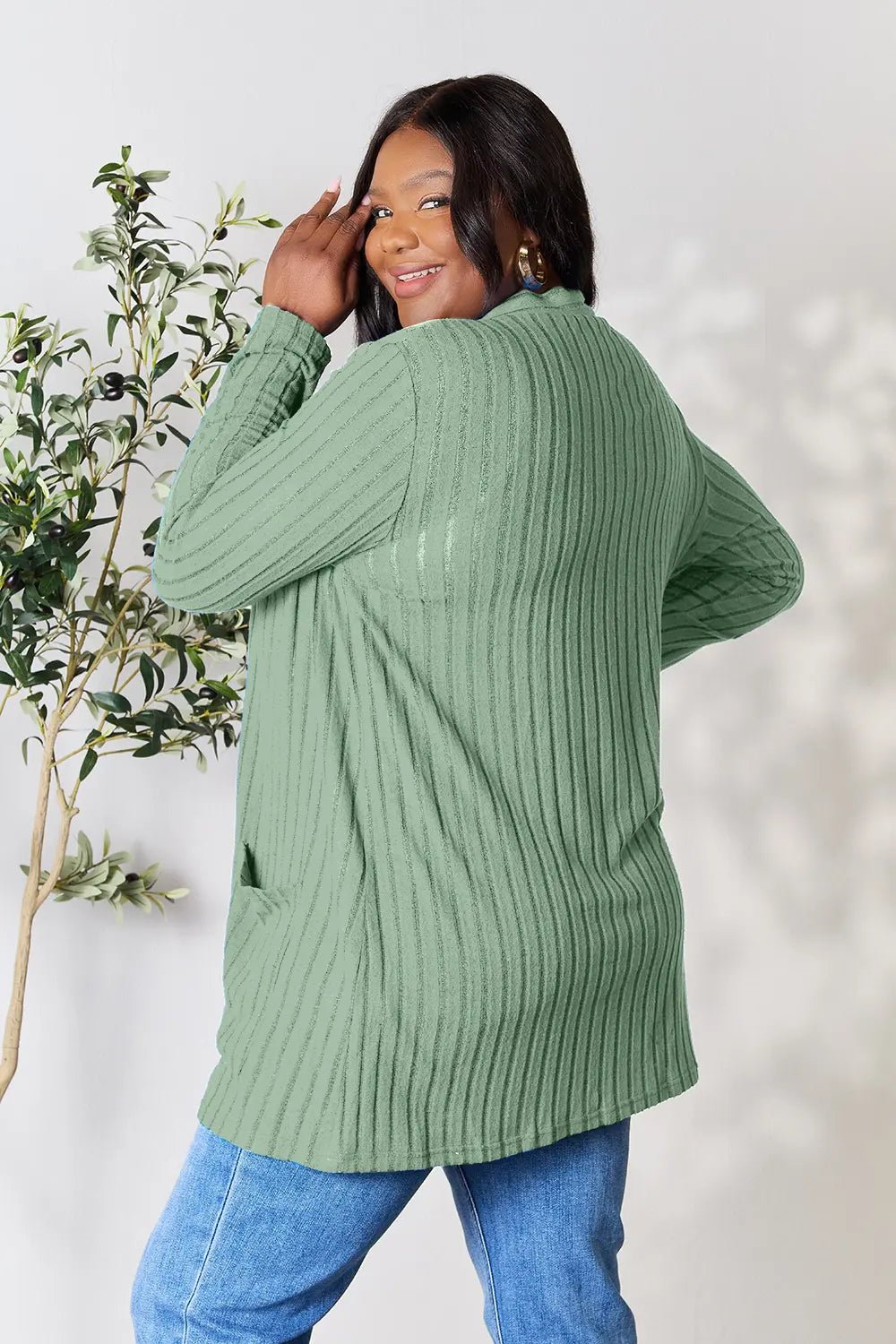 Basic Bae Full Size Ribbed Open Front Cardigan with Pockets - The Coin Has A Say