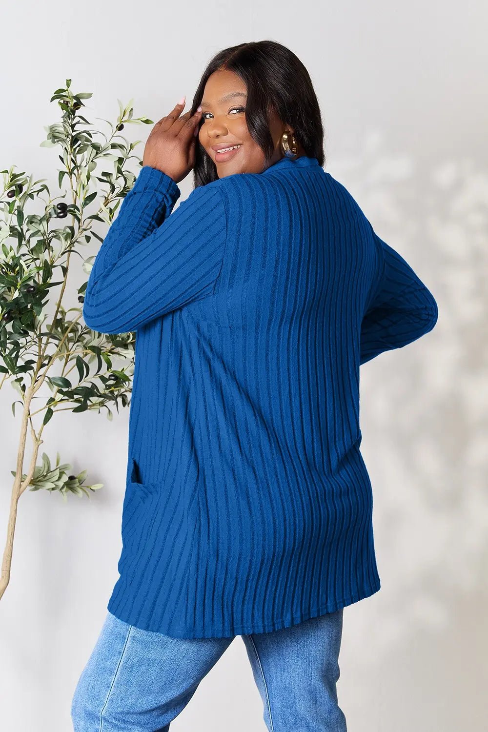 Basic Bae Full Size Ribbed Open Front Cardigan with Pockets - The Coin Has A Say