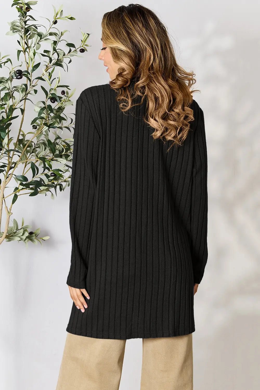 Basic Bae Full Size Ribbed Open Front Cardigan with Pockets - The Coin Has A Say