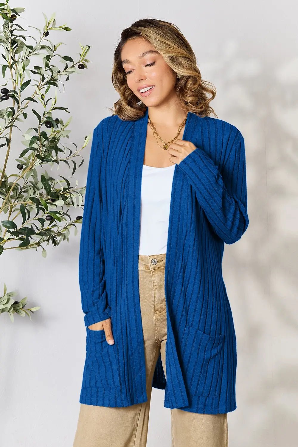 Basic Bae Full Size Ribbed Open Front Cardigan with Pockets - The Coin Has A Say