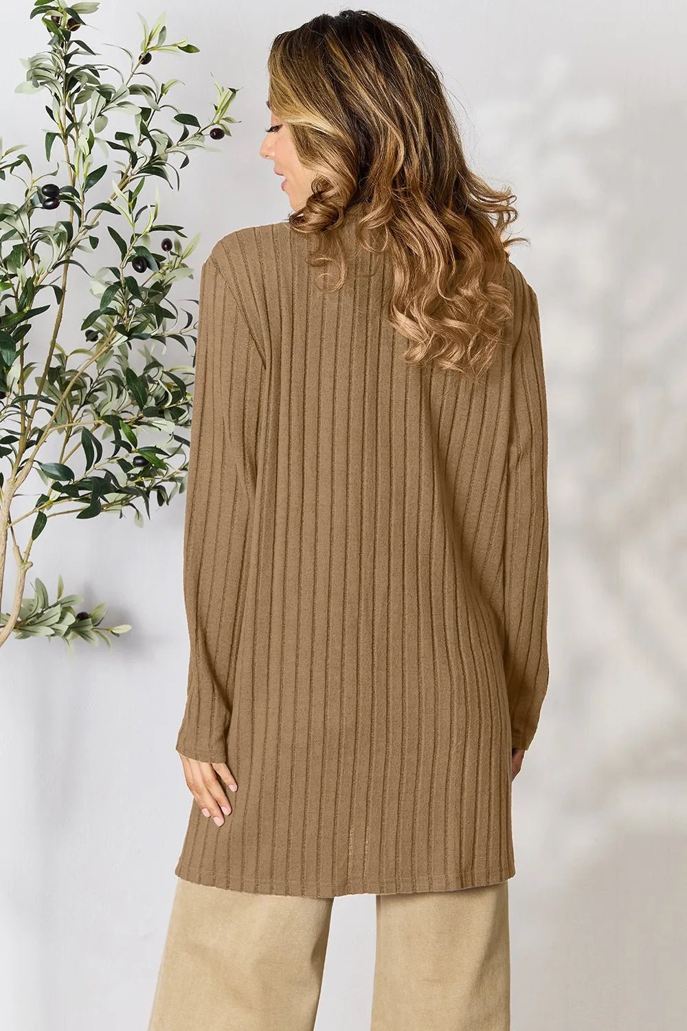 Basic Bae Full Size Ribbed Open Front Cardigan with Pockets - The Coin Has A Say