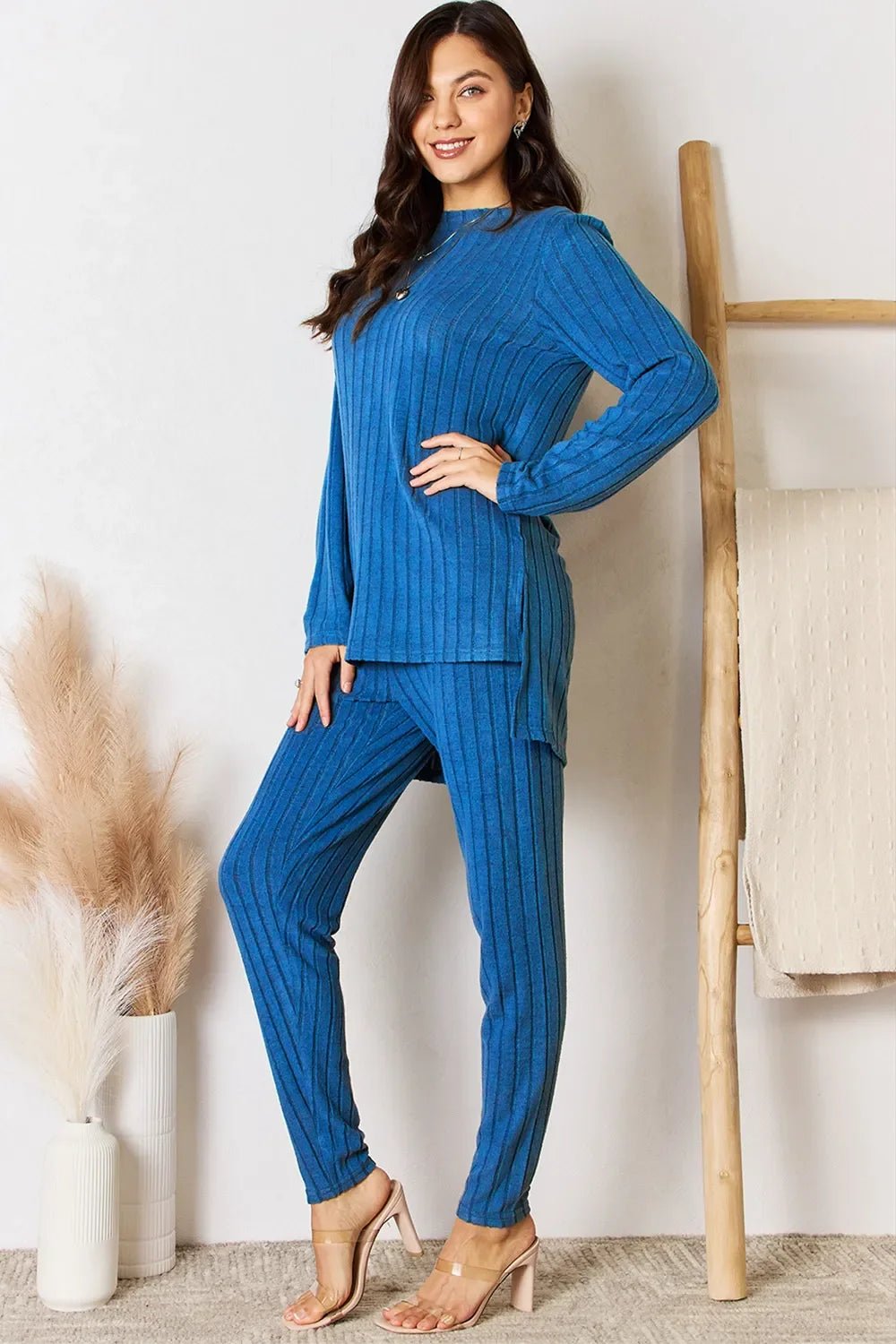 Basic Bae Full Size Ribbed Round Neck High-Low Slit Top and Pants Set - The Coin Has A Say