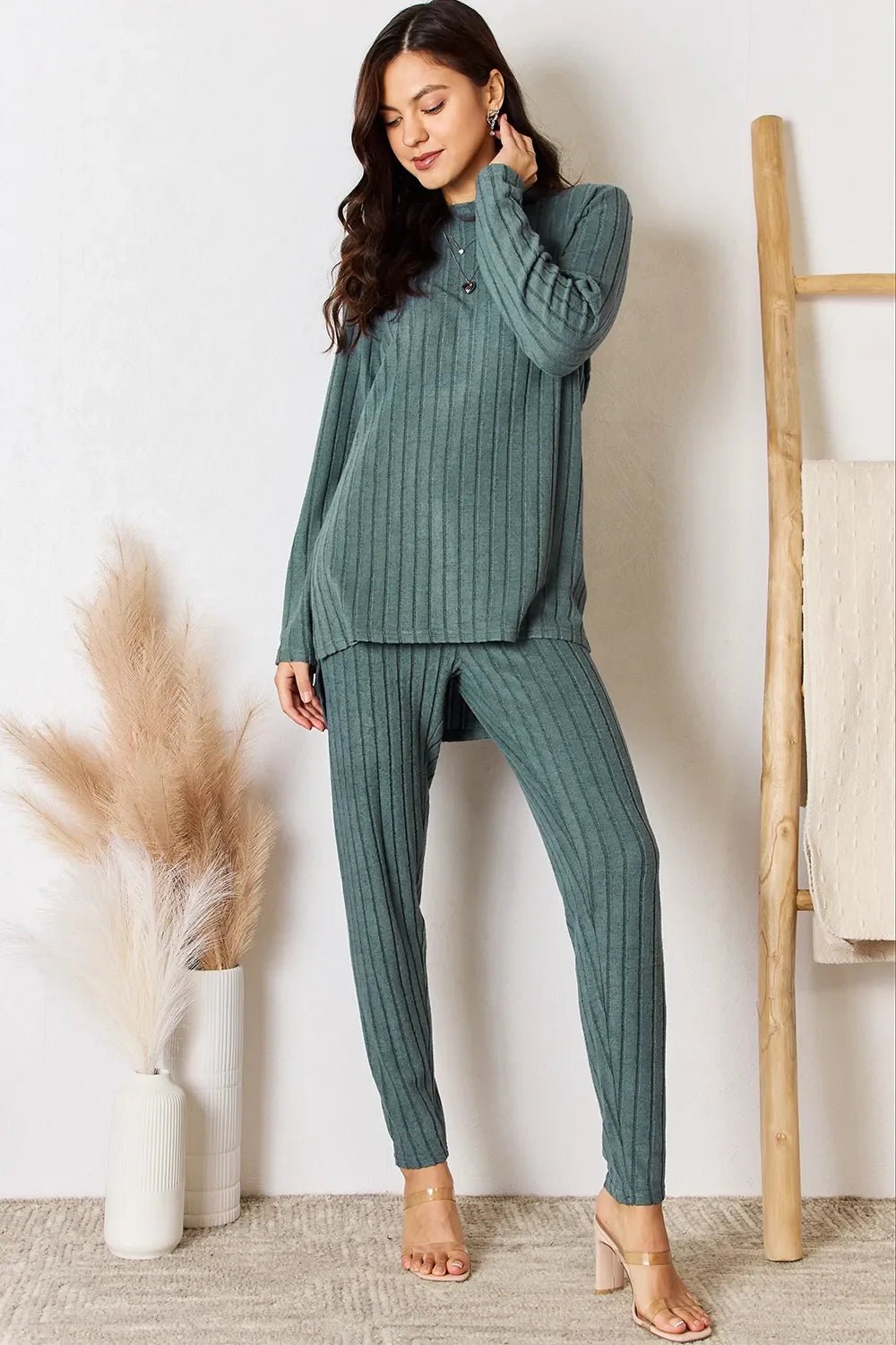 Basic Bae Full Size Ribbed Round Neck High-Low Slit Top and Pants Set - The Coin Has A Say