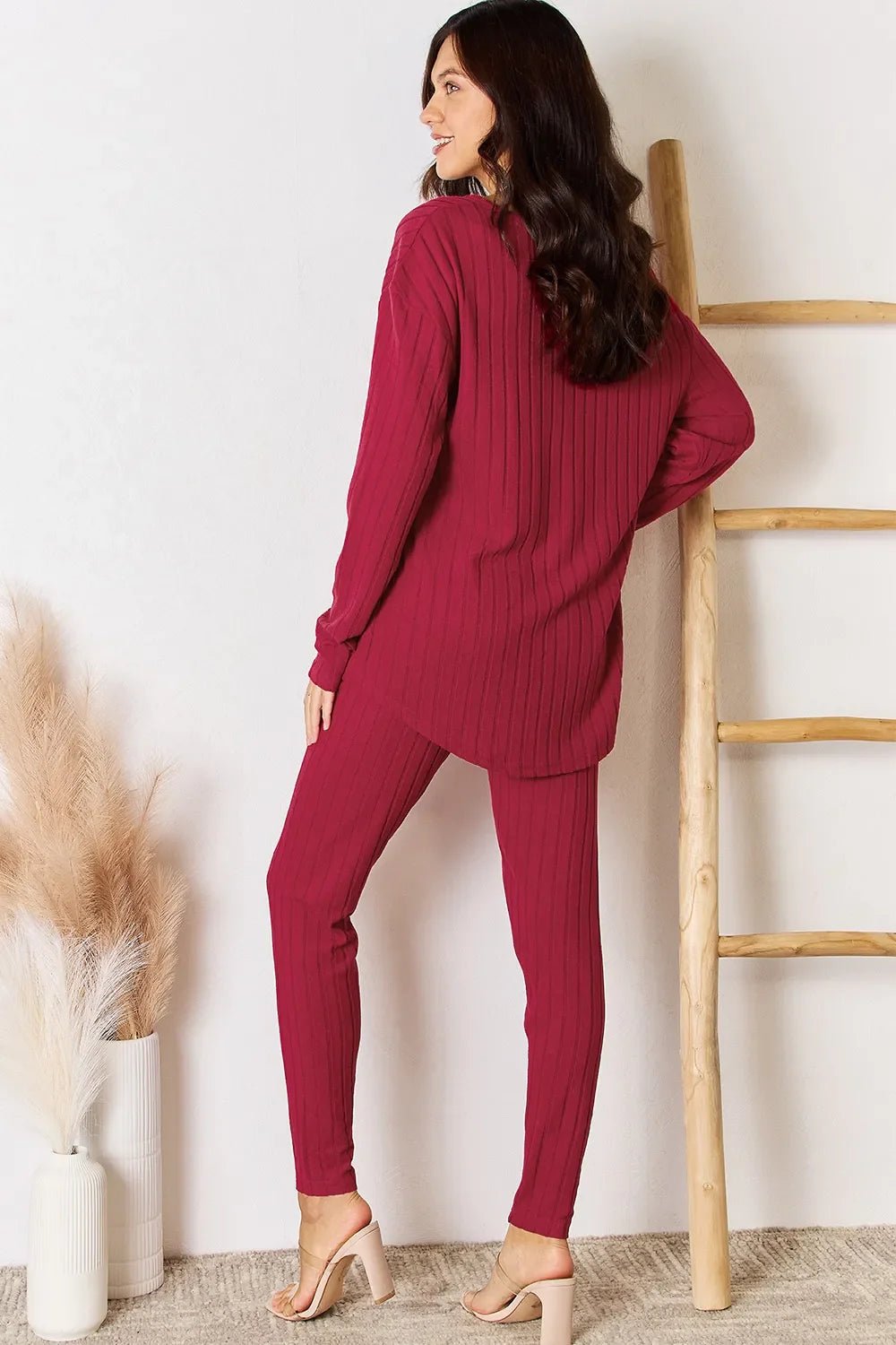 Basic Bae Full Size Ribbed Round Neck High-Low Slit Top and Pants Set - The Coin Has A Say