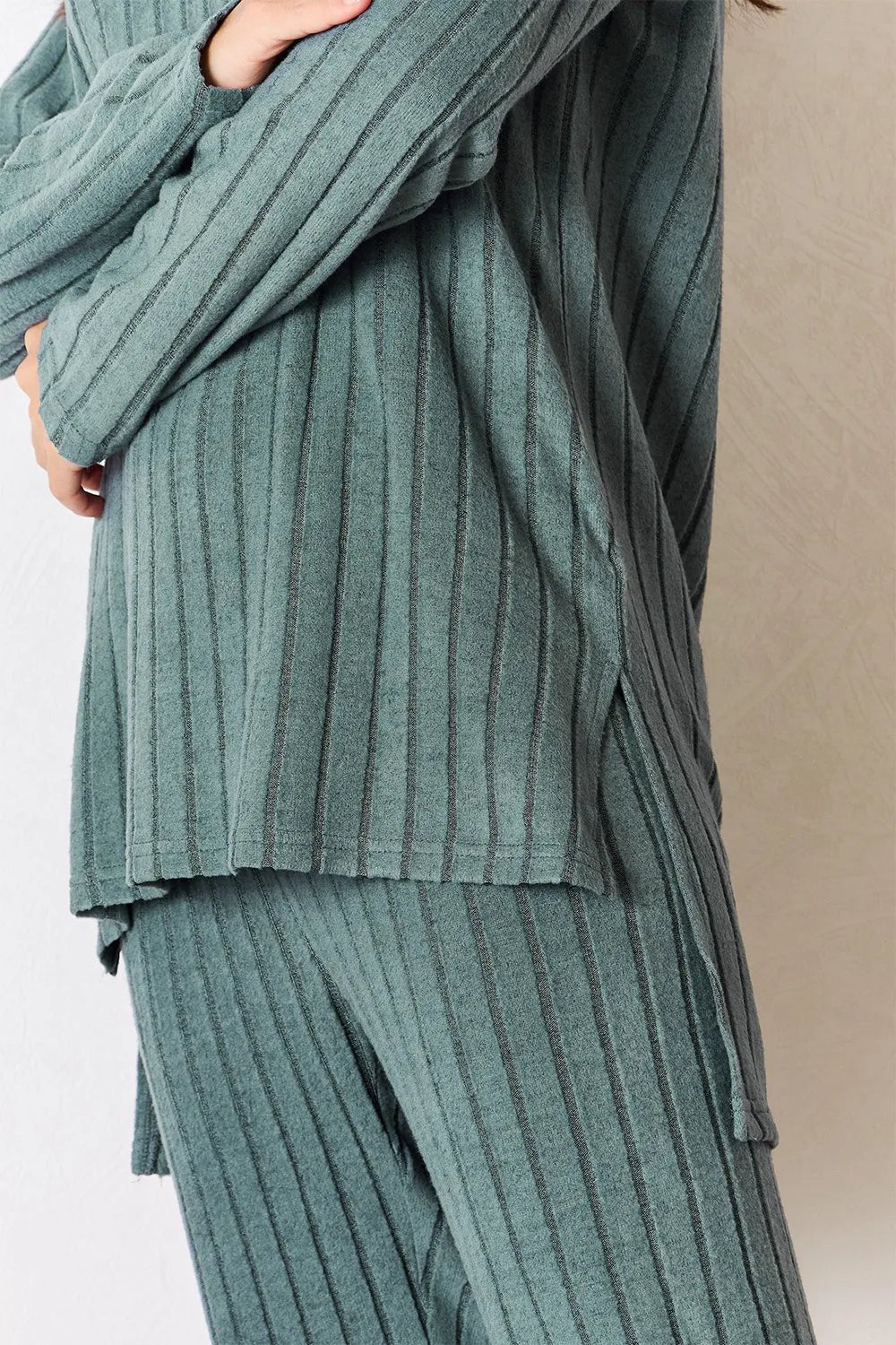 Basic Bae Full Size Ribbed Round Neck High-Low Slit Top and Pants Set - The Coin Has A Say