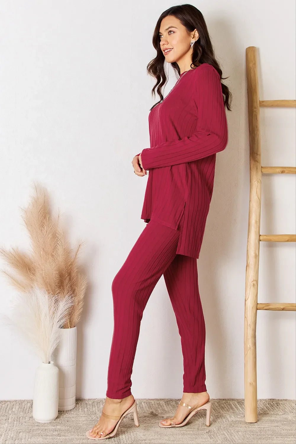 Basic Bae Full Size Ribbed Round Neck High-Low Slit Top and Pants Set - The Coin Has A Say