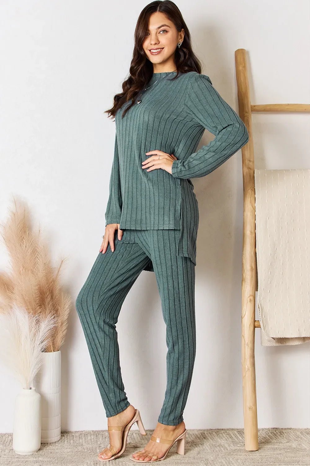 Basic Bae Full Size Ribbed Round Neck High-Low Slit Top and Pants Set - The Coin Has A Say