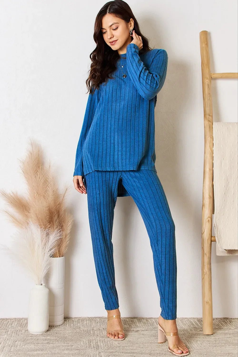 Basic Bae Full Size Ribbed Round Neck High-Low Slit Top and Pants Set - The Coin Has A Say