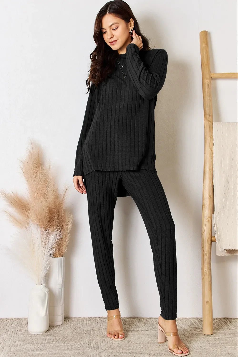 Basic Bae Full Size Ribbed Round Neck High-Low Slit Top and Pants Set - The Coin Has A Say