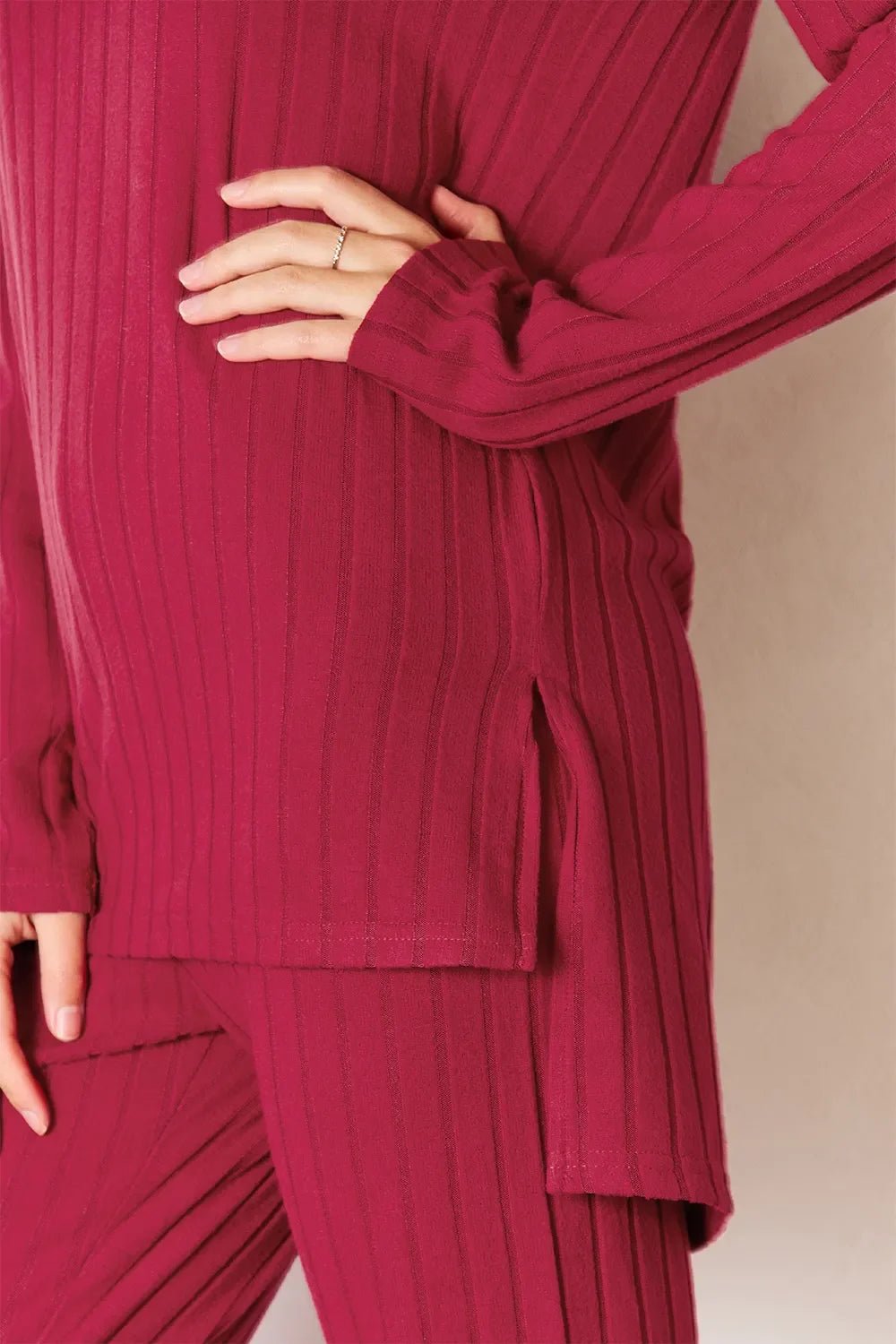 Basic Bae Full Size Ribbed Round Neck High-Low Slit Top and Pants Set - The Coin Has A Say
