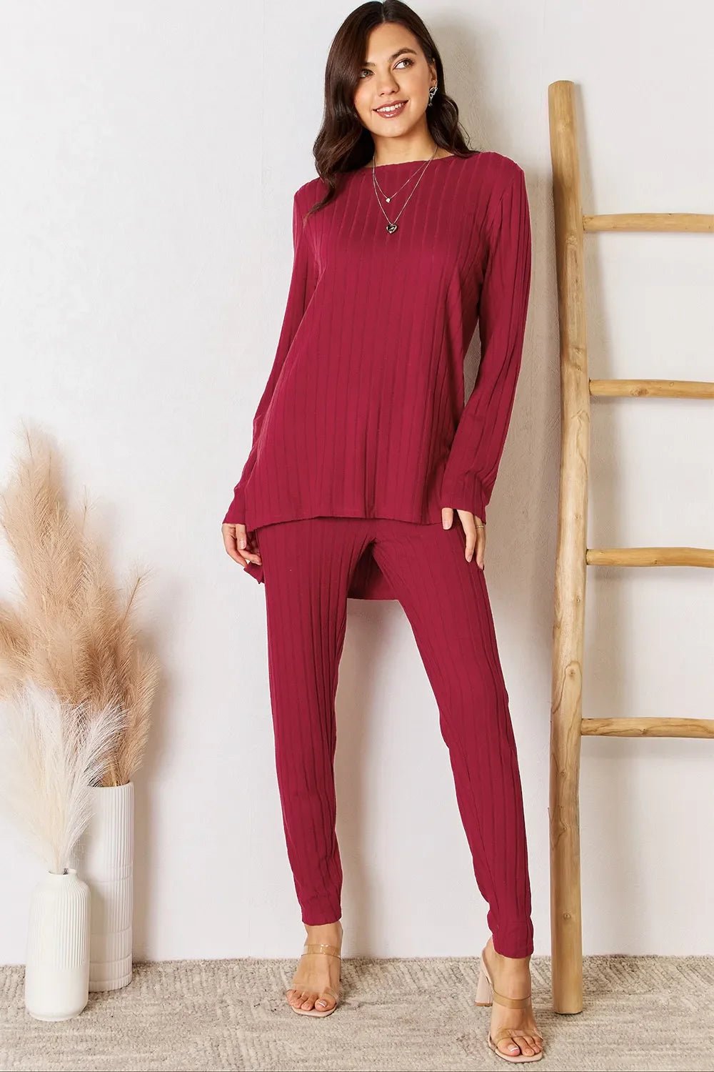 Basic Bae Full Size Ribbed Round Neck High-Low Slit Top and Pants Set - The Coin Has A Say