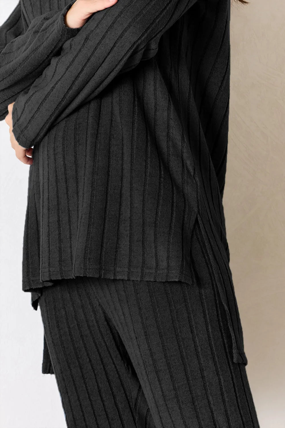 Basic Bae Full Size Ribbed Round Neck High-Low Slit Top and Pants Set - The Coin Has A Say