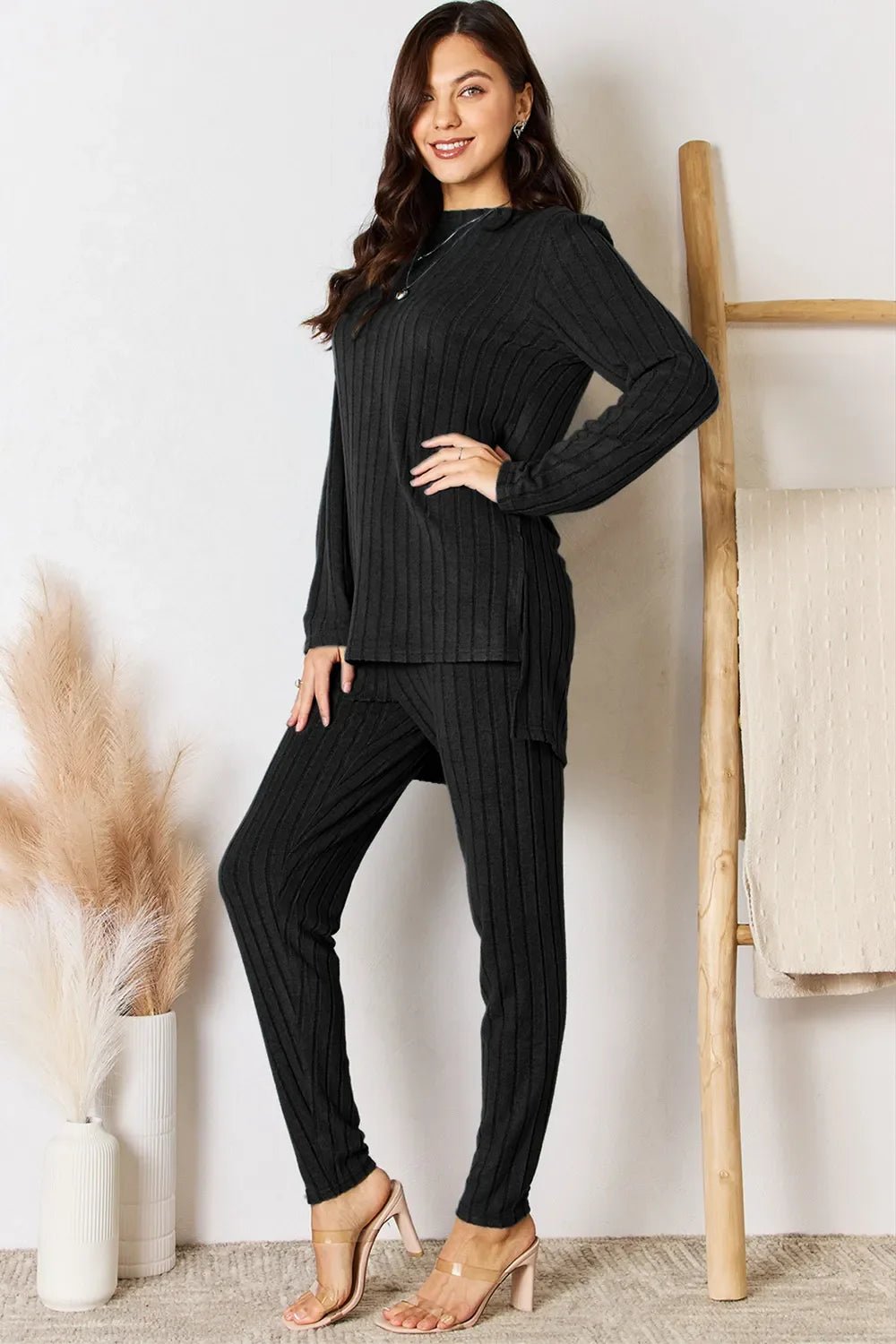 Basic Bae Full Size Ribbed Round Neck High-Low Slit Top and Pants Set - The Coin Has A Say