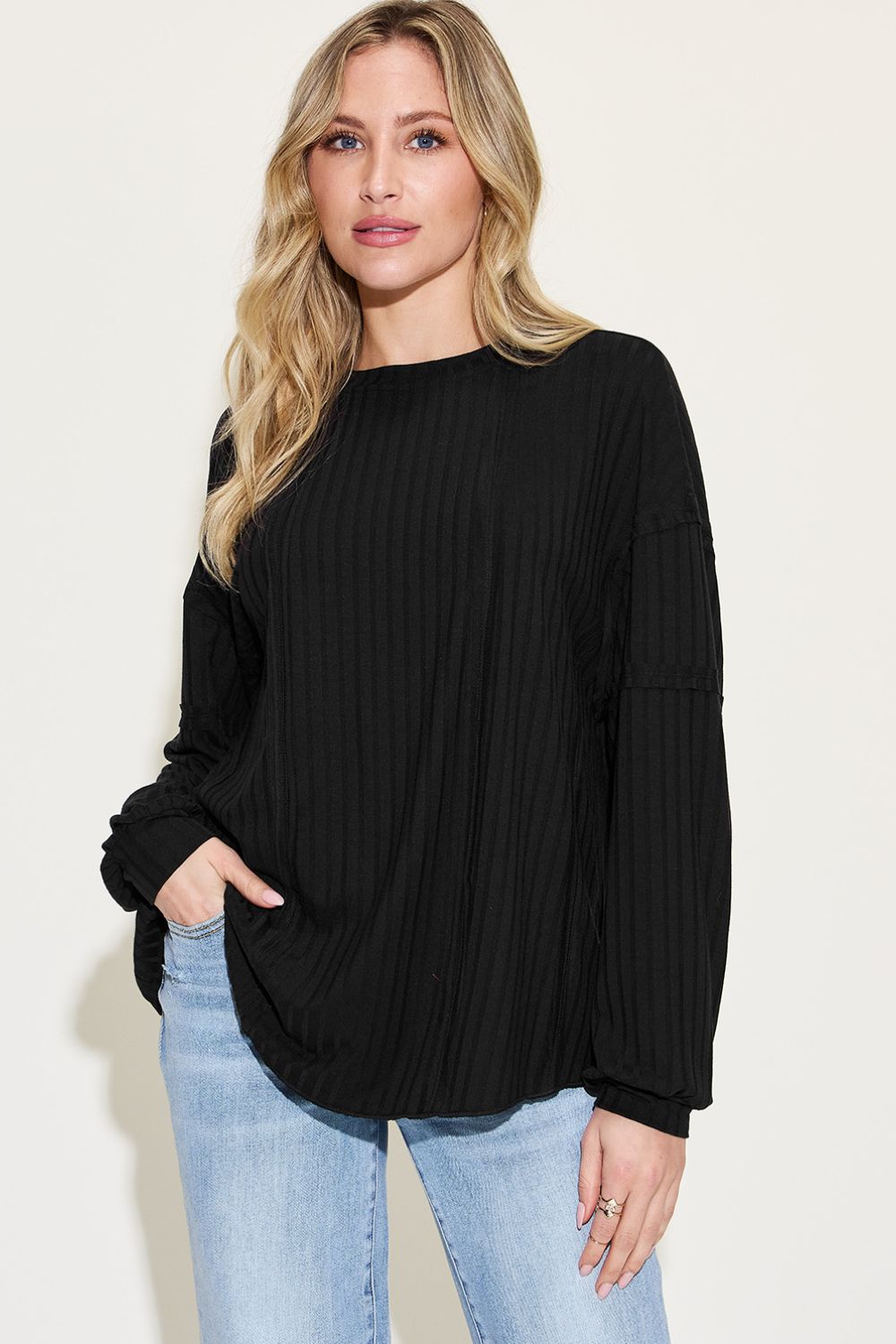Basic Bae Full Size Ribbed Round Neck Long Sleeve T-Shirt - The Coin Has A Say