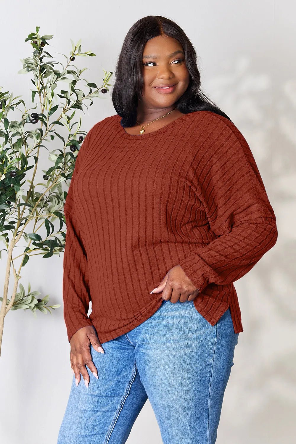 Basic Bae Full Size Ribbed Round Neck Slit Knit Top - The Coin Has A Say