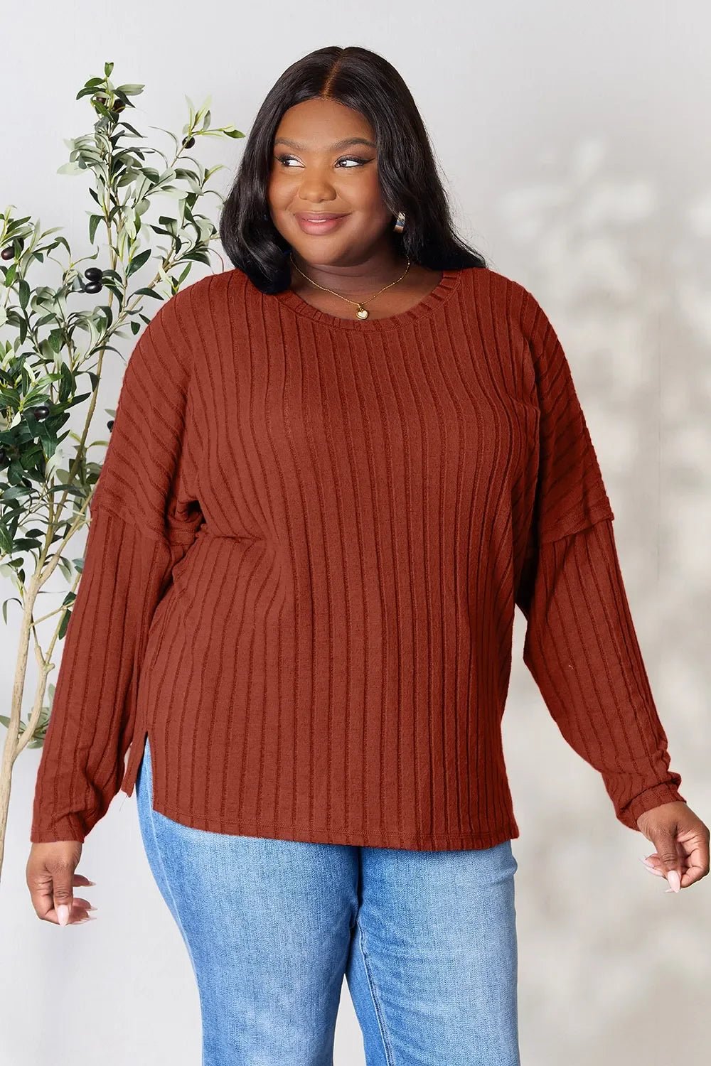 Basic Bae Full Size Ribbed Round Neck Slit Knit Top - The Coin Has A Say