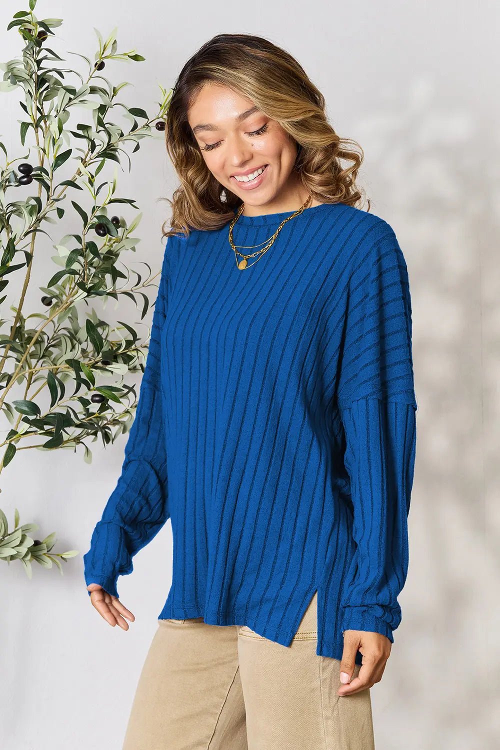 Basic Bae Full Size Ribbed Round Neck Slit Knit Top - The Coin Has A Say