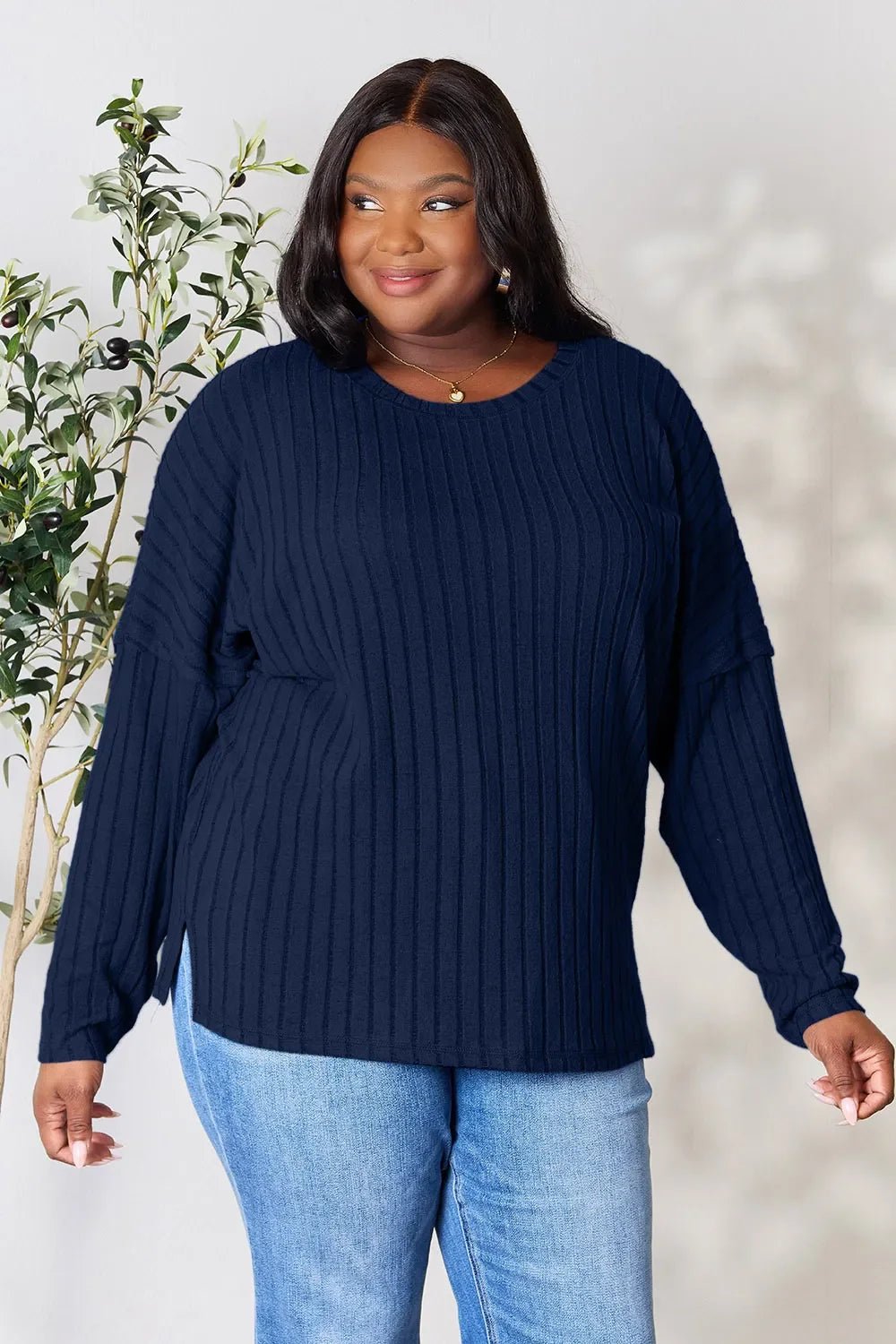Basic Bae Full Size Ribbed Round Neck Slit Knit Top - The Coin Has A Say