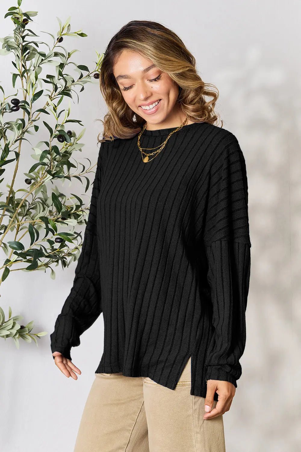Basic Bae Full Size Ribbed Round Neck Slit Knit Top - The Coin Has A Say