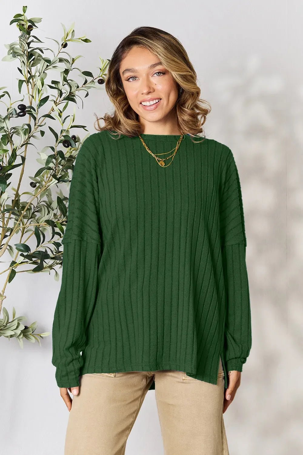 Basic Bae Full Size Ribbed Round Neck Slit Knit Top - The Coin Has A Say