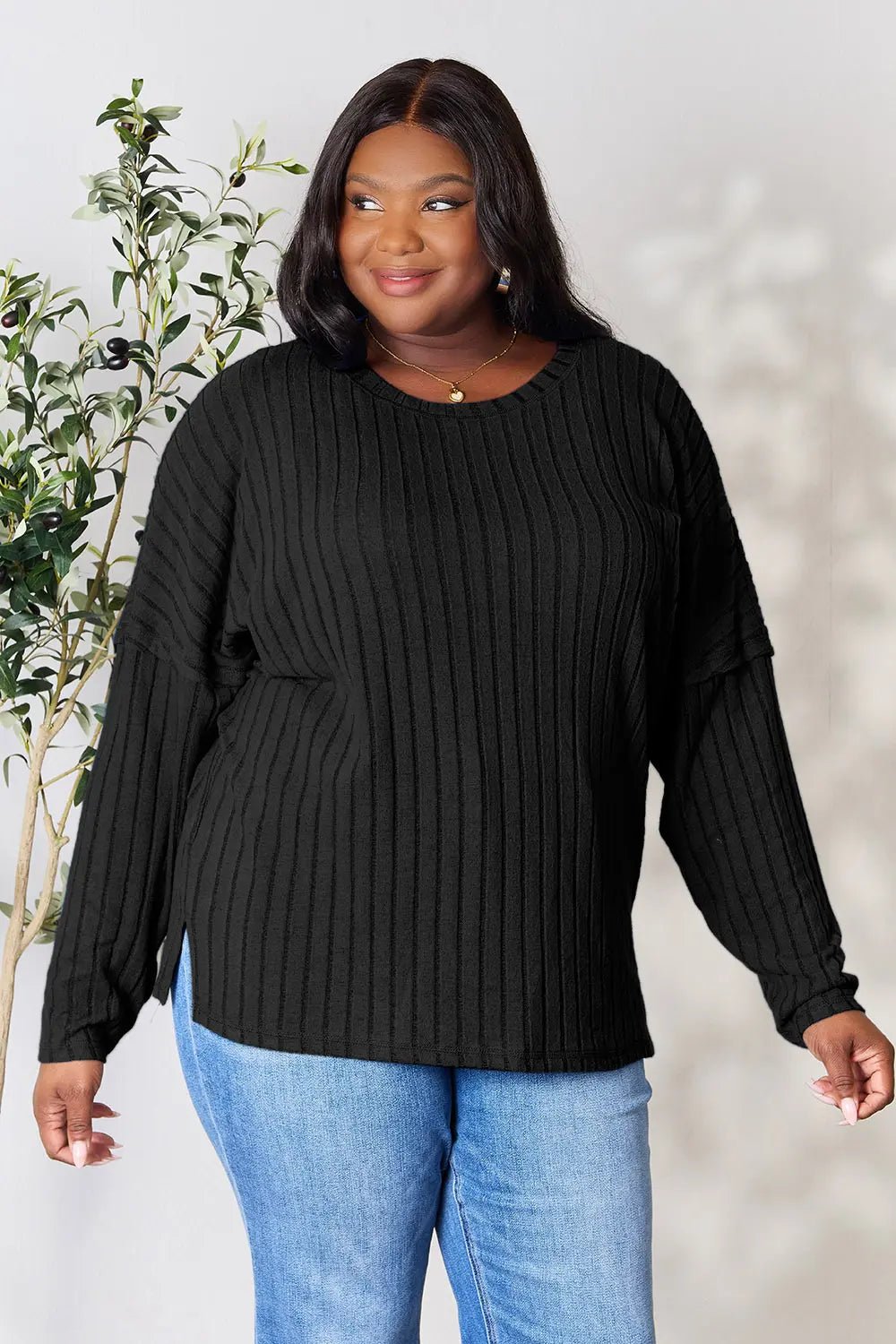 Basic Bae Full Size Ribbed Round Neck Slit Knit Top - The Coin Has A Say