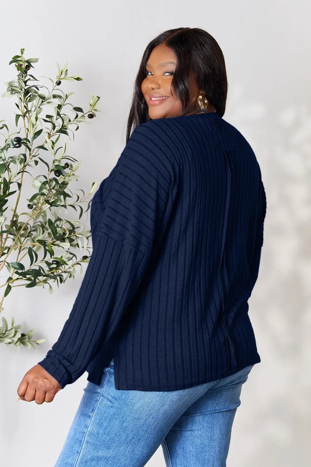 Basic Bae Full Size Ribbed Round Neck Slit Knit Top - The Coin Has A Say