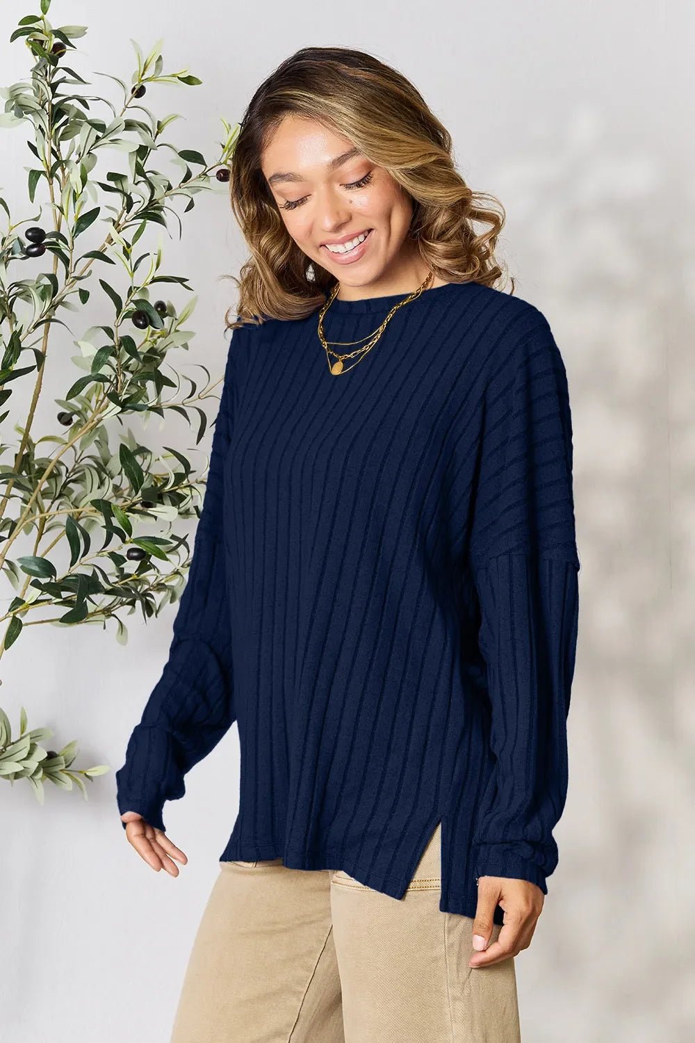 Basic Bae Full Size Ribbed Round Neck Slit Knit Top - The Coin Has A Say