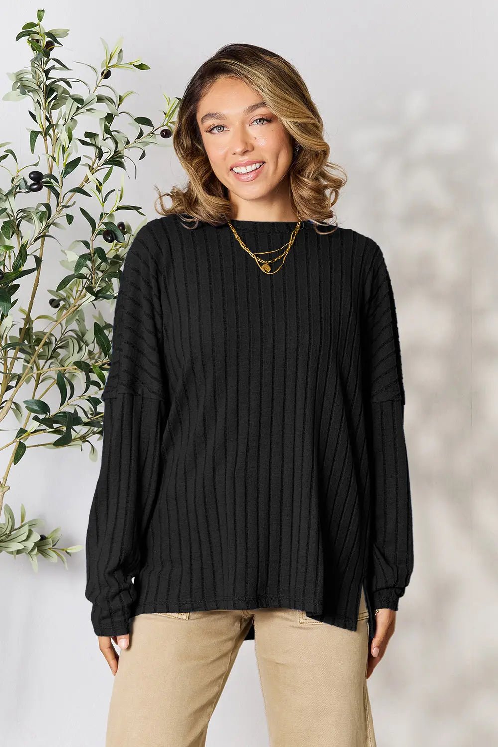 Basic Bae Full Size Ribbed Round Neck Slit Knit Top - The Coin Has A Say