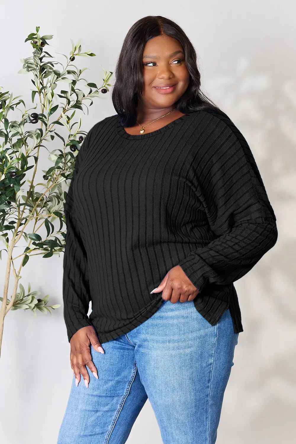 Basic Bae Full Size Ribbed Round Neck Slit Knit Top - The Coin Has A Say