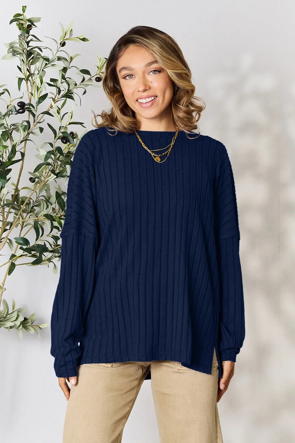 Basic Bae Full Size Ribbed Round Neck Slit Knit Top - The Coin Has A Say
