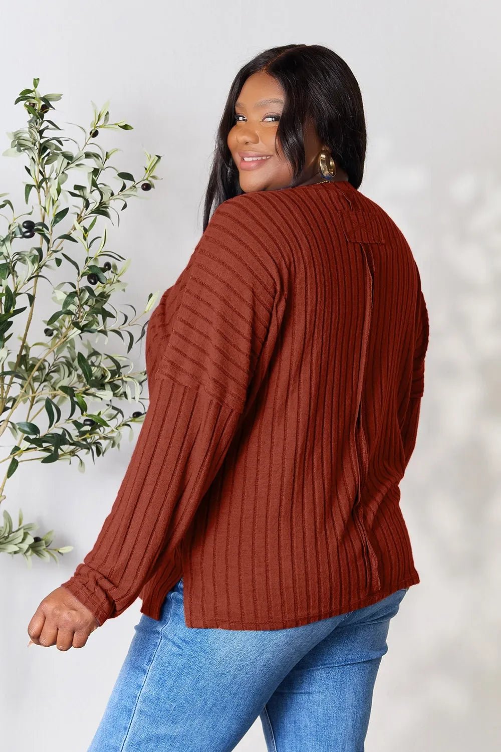 Basic Bae Full Size Ribbed Round Neck Slit Knit Top - The Coin Has A Say